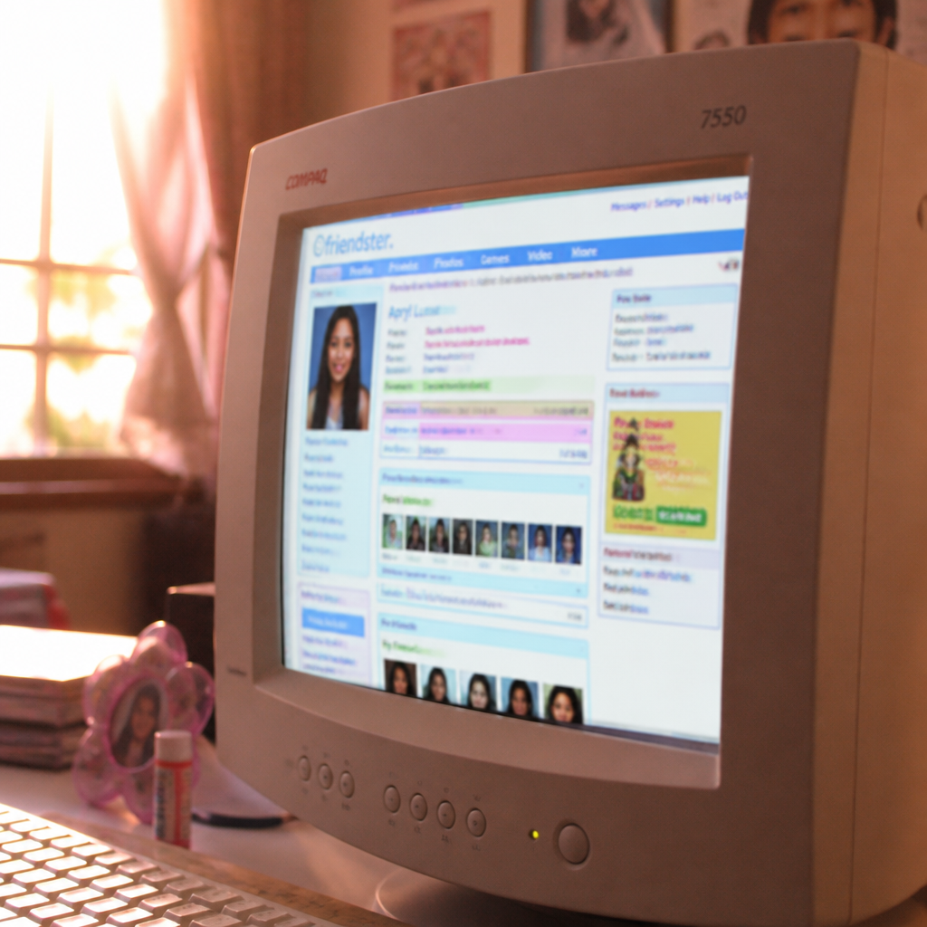 2000년대 감성의 CRT 모니터에 비친 소셜 네트워크 프로필 화면